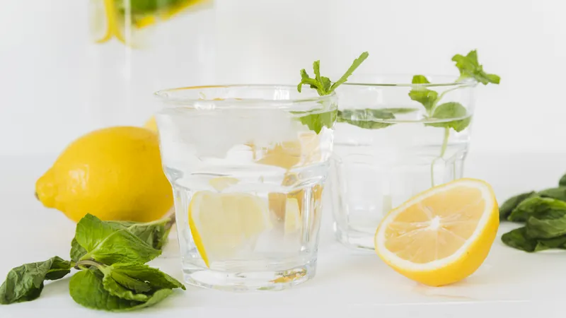 Glasses of water with lemon slices and sprigs of mint on a table